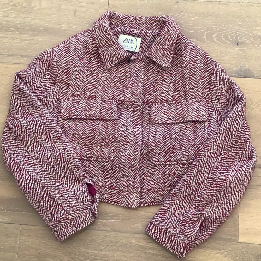 ZARA Burgundy Tweed Cropped Jacket Size 13-14